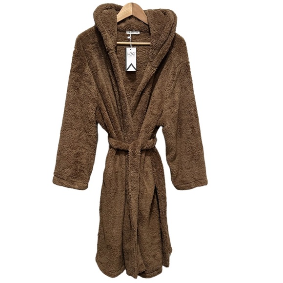 Plush Fluffy Flannel Fleece Mid Length Wrap Robe Hooded With Ears XL Coffee - Picture 1 of 9